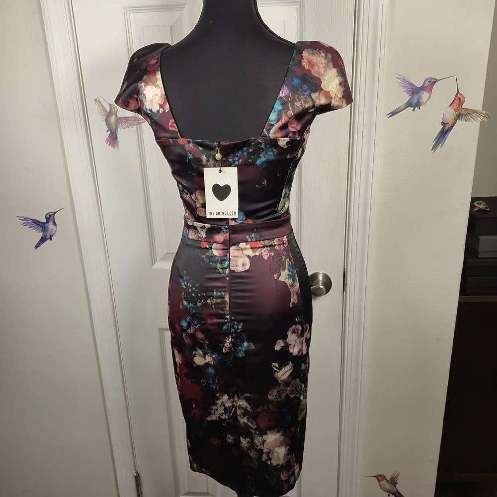 Just Cavalli Floral Satin Lace Cap Sleeve Sheath Dress IT 38 US XS - Picture 4 of 8